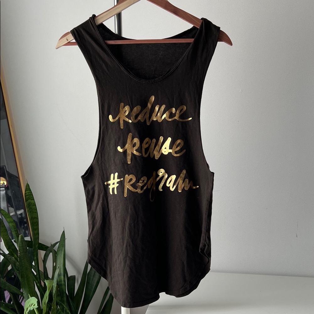 Eco-Friendly organic cotton brown Muscle Tee Gold Print REDUCE REUSE #REGRAM XS